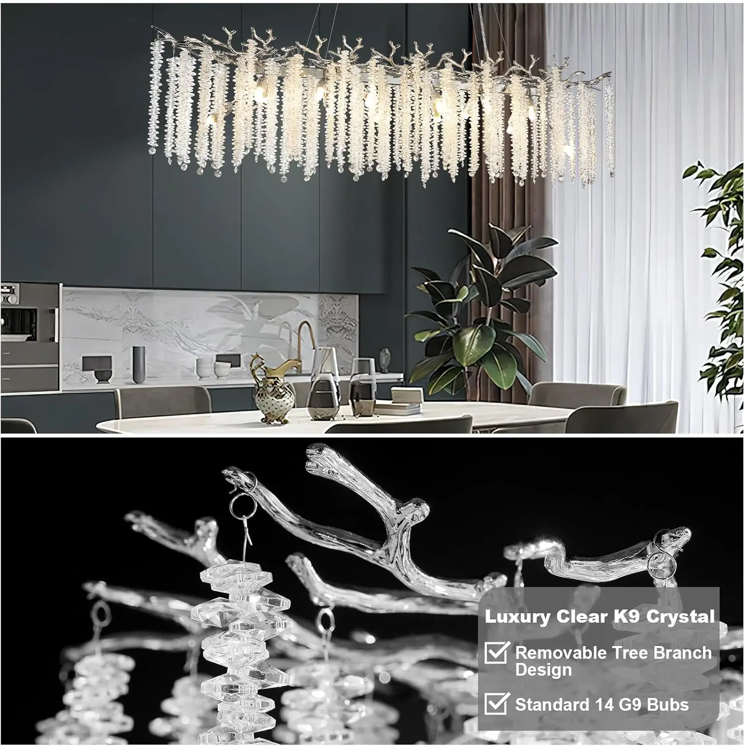 Rectangular Chrome Crystal Chandelier Lighting For Dining Living Room Kitchen Table Bedroom Branch Crystal Ceiling Chandeliers