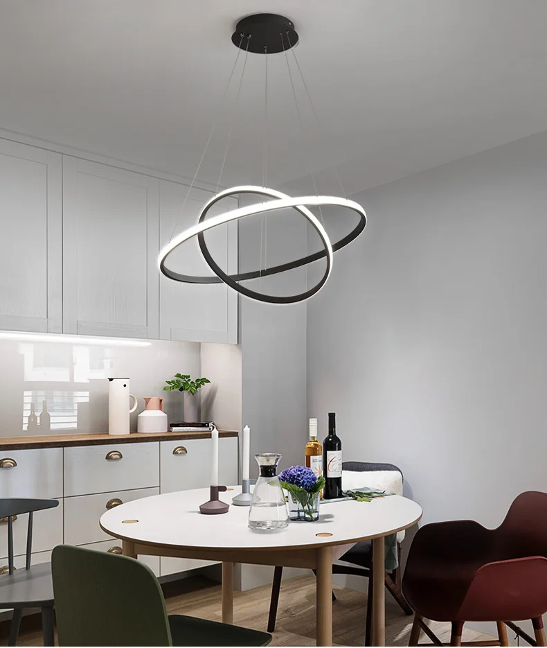 Led Circle Ceiling Hanging Chandelier Rings Black Loft Living Dining Room Modern Pendant Lamp Kitchen Indoor Lighting Fixture