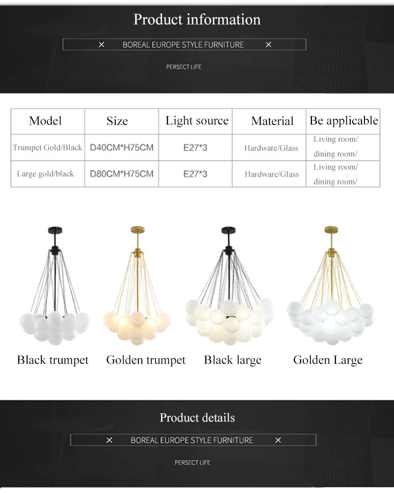 Bubble Glass Chandelier 19/37 Balls Black Gold Chandeliers Modern Pendant Lamp for Dining Room Living Room Decoration