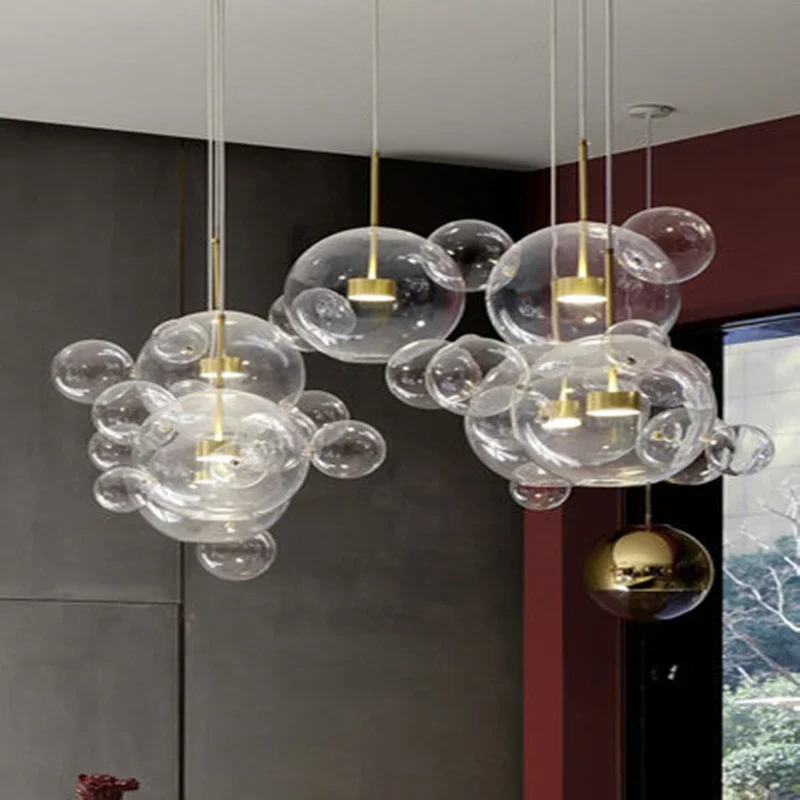 Nordic Modern Clear Glass Bubbles Chandelier Lighting Post LED Pendant Lamp For Living Indoor Decor Light Fixture Suspension