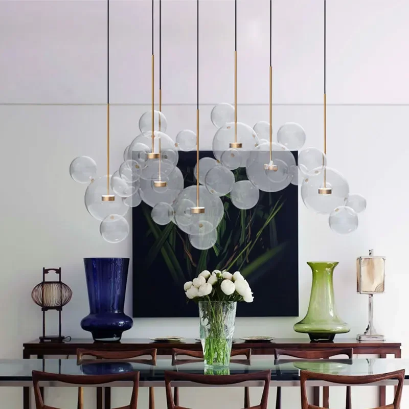 Nordic Modern Clear Glass Bubbles Chandelier Lighting Post LED Pendant Lamp For Living Indoor Decor Light Fixture Suspension