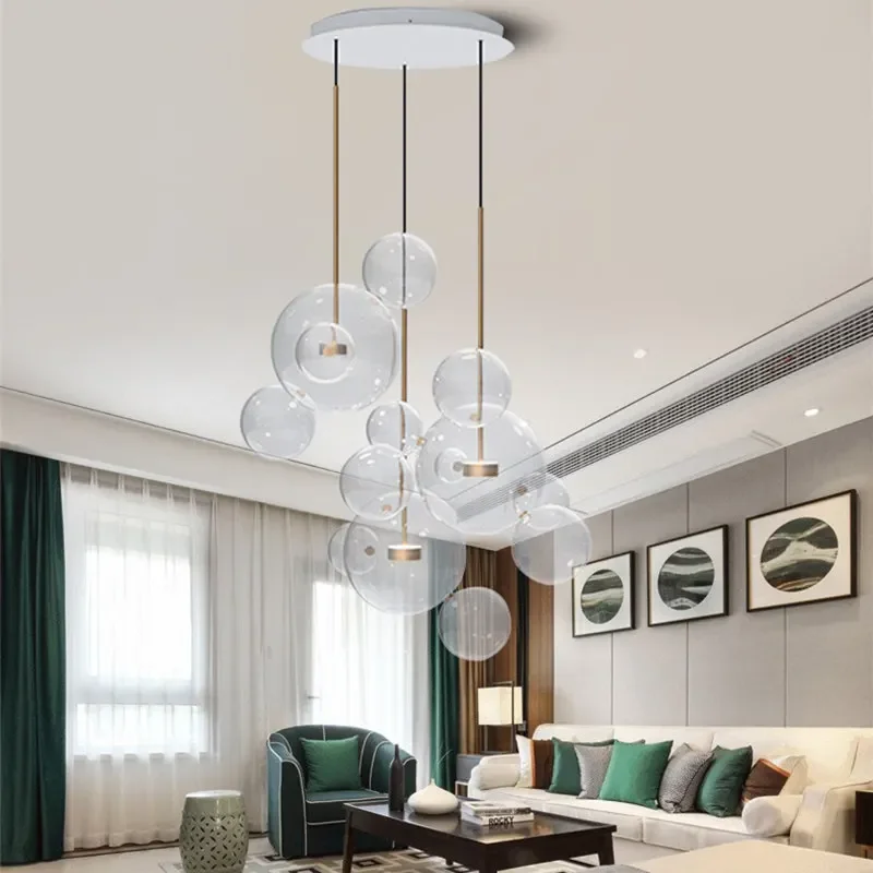 Nordic Modern Clear Glass Bubbles Chandelier Lighting Post LED Pendant Lamp For Living Indoor Decor Light Fixture Suspension